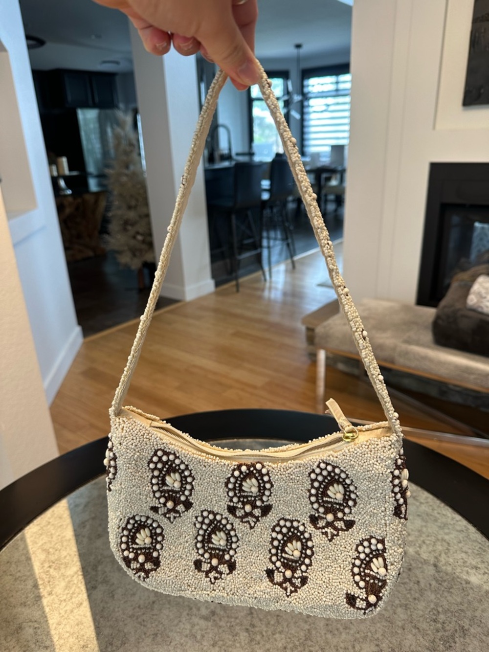 Vera Bradley Ivory and Brown Beaded Shoulder Bag